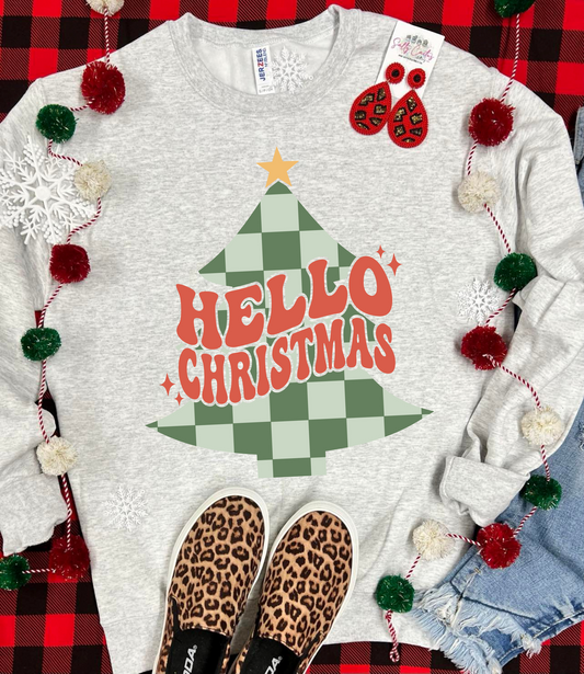 Hello Christmas Checkered Retro Tree Ash Grey Sweatshirt