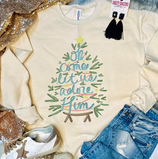 Oh Come Let Us Adore Him Tree Tan Sweatshirt