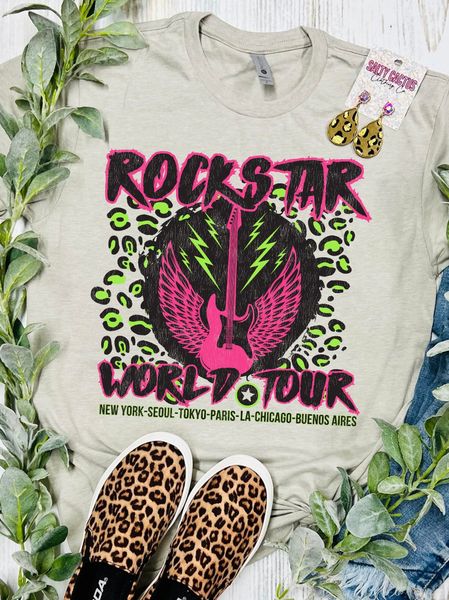 Rockstar World Tour Neon guitar Tan Tee