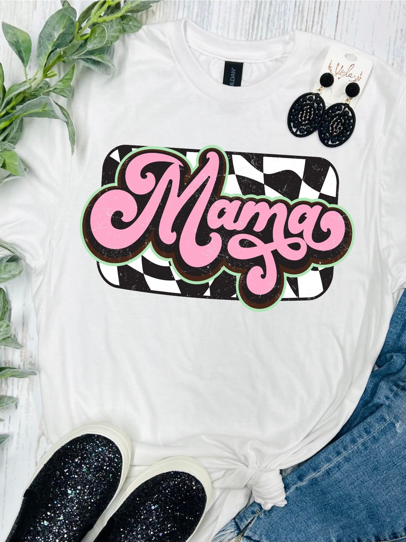 Mama Checkered Distressed White Tee