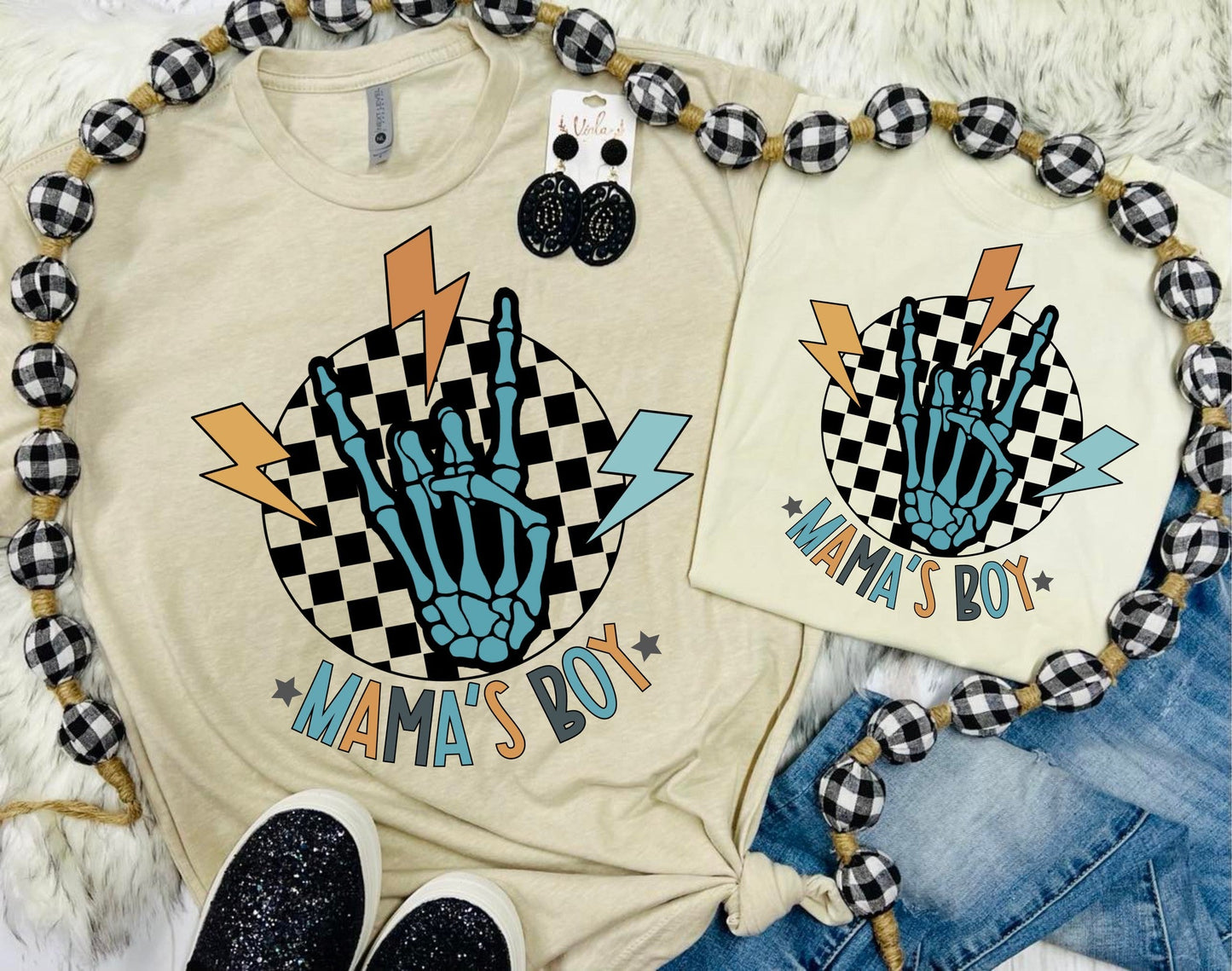 Mama & Mamas Boy Skeleton Checkered Tan Tee