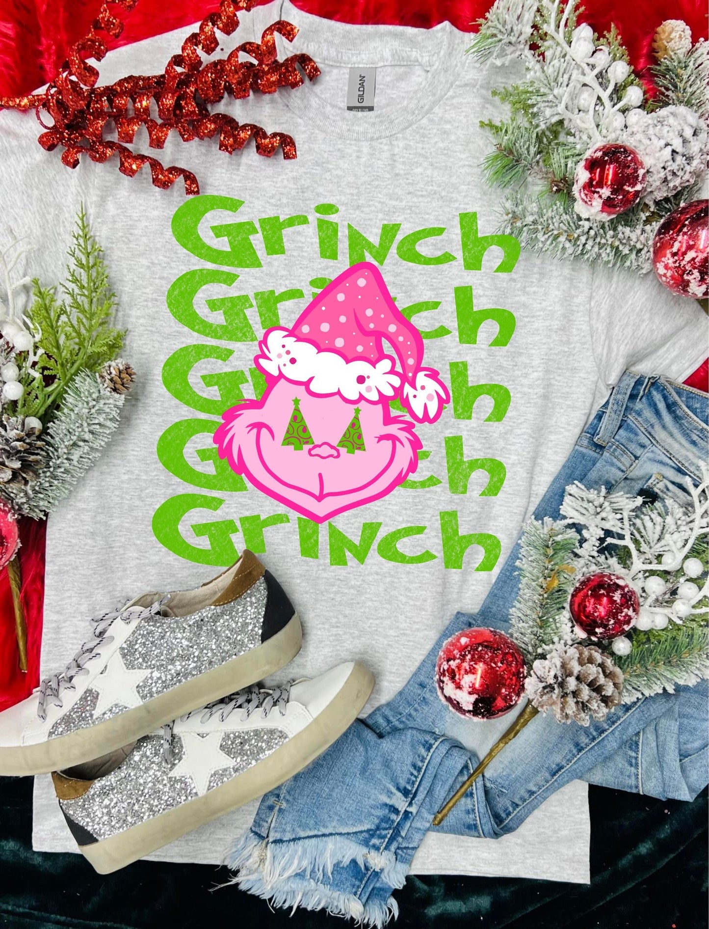 Pink Grinch Ash Grey Tee