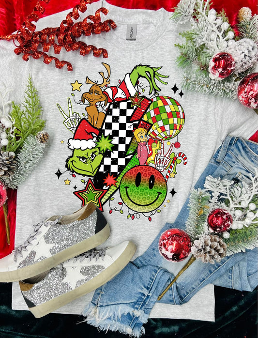 Grinch Checkered Bolt Ash Grey Tee