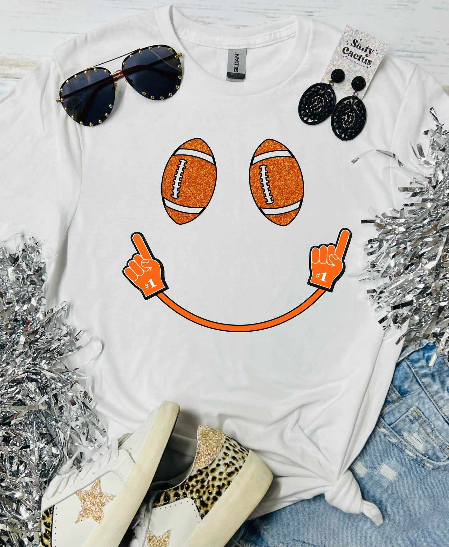 Glitter Football Smile White Tee