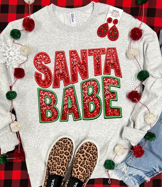 Santa Babe Faux Chenille Patch Ash Grey Sweatshirt