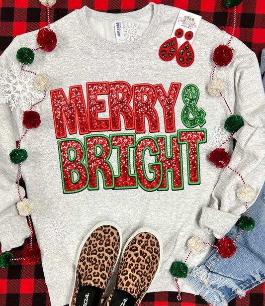 Merry & Bright Faux Chenille Patch Ash Grey Sweatshirt