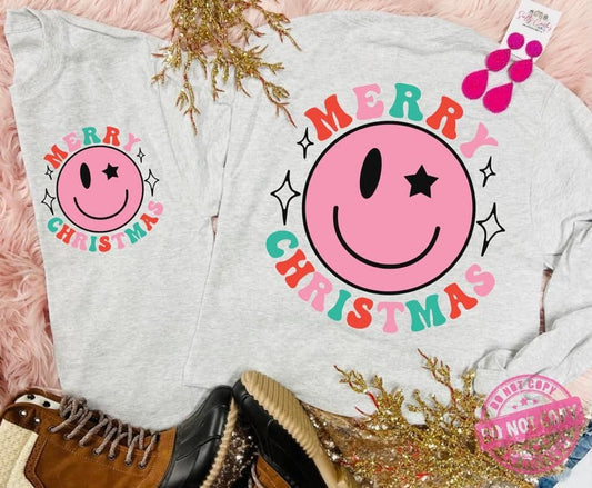 Merry Christmas Pink Smiley Pocket and Back Tee