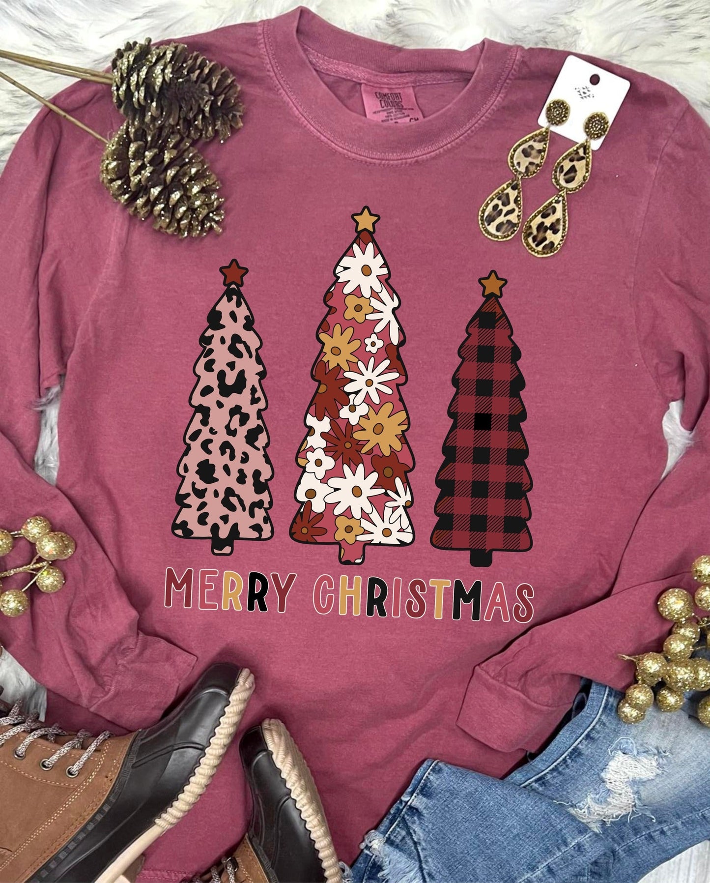 *DTG* Merry Christmas Maroon Trees Berry Long Sleeve Comfort Color