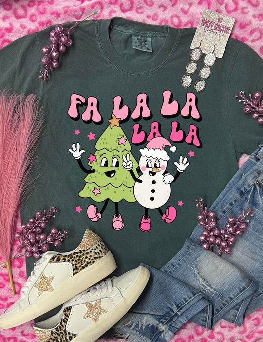 *DTG* Fa La La Neon Tree and Snowman Blue Spruce Comfort Color Tee