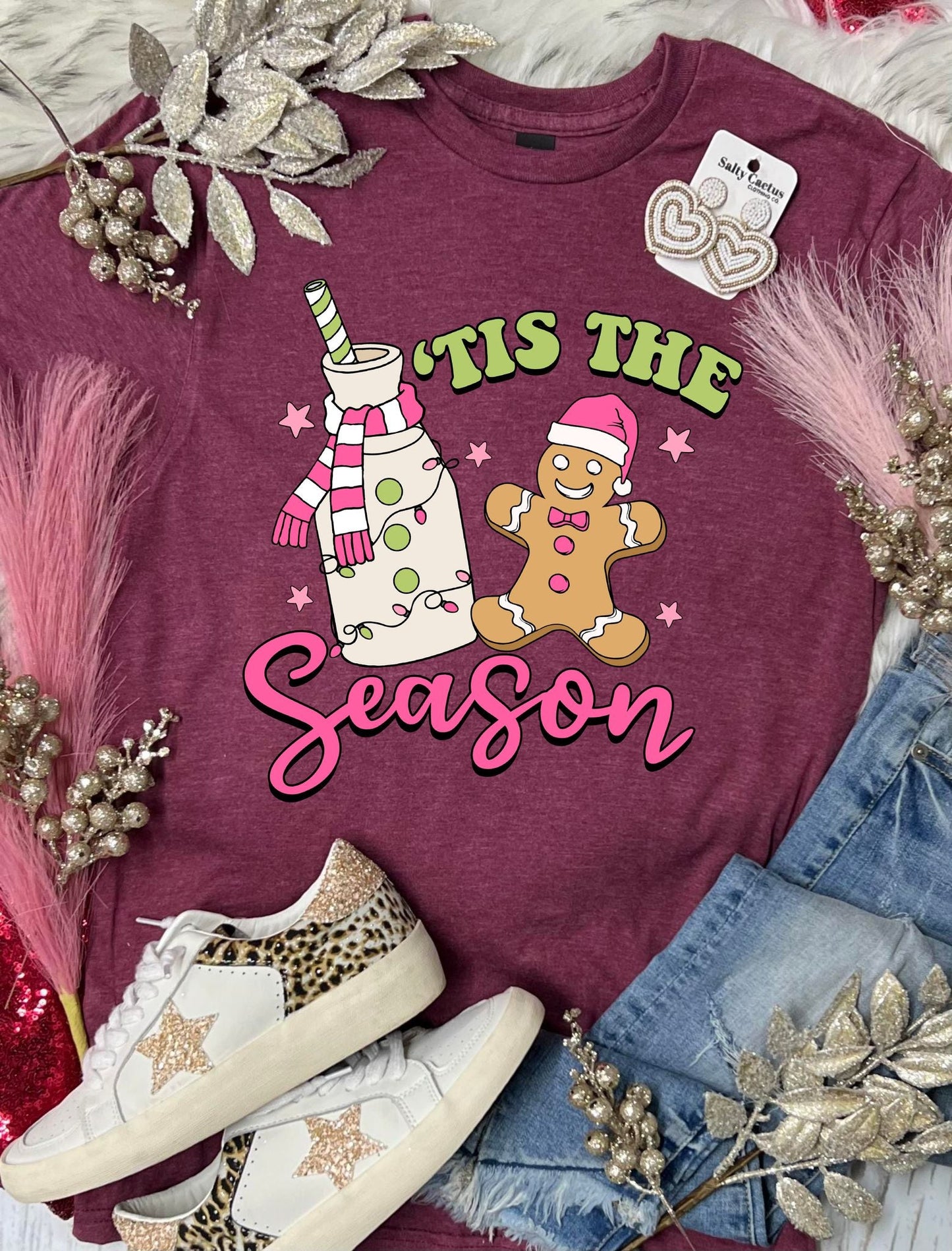 *DTG* Tis The Season Gingerbread Neon Colors Maroon Tee