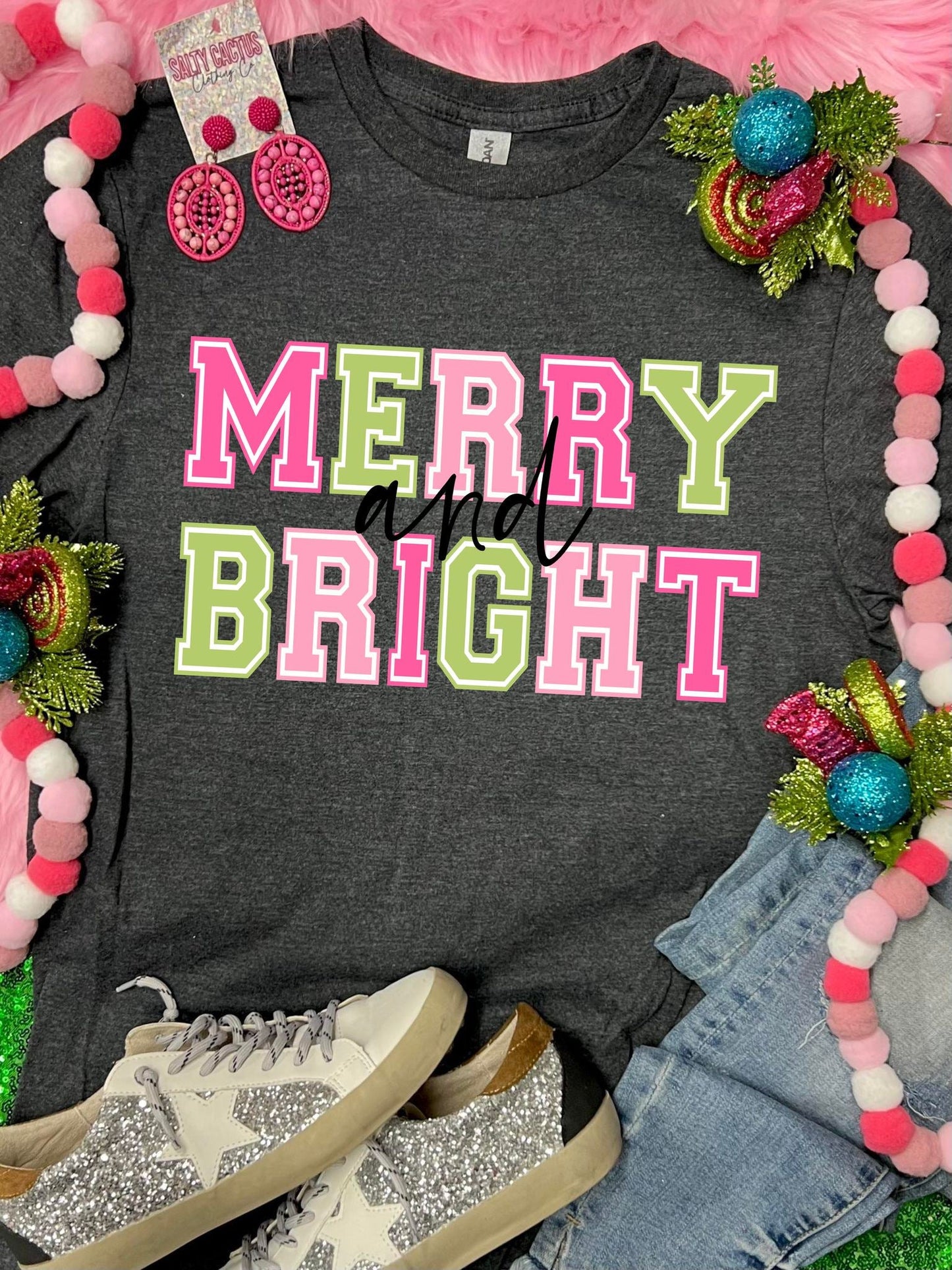 *DTG* Merry and Bright Neon Dark Grey Tee