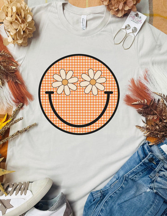 Flower Checkered Smiley Tan Tee