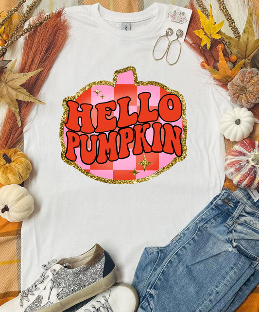 Hello Pumpkin Neon Checkered White Tee