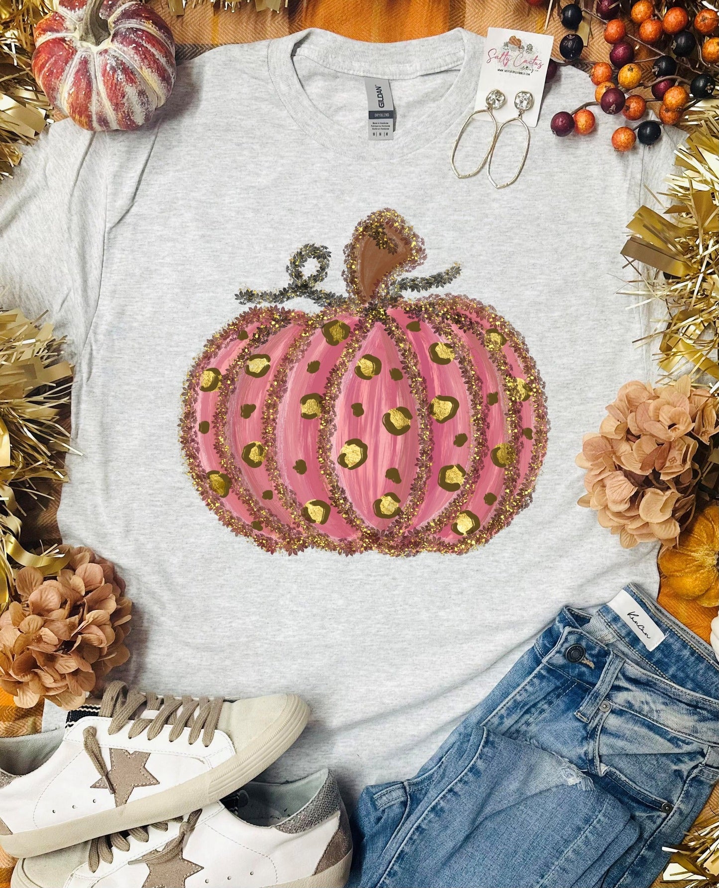 Glitter Leopard Pumpkin Ash Grey Tee