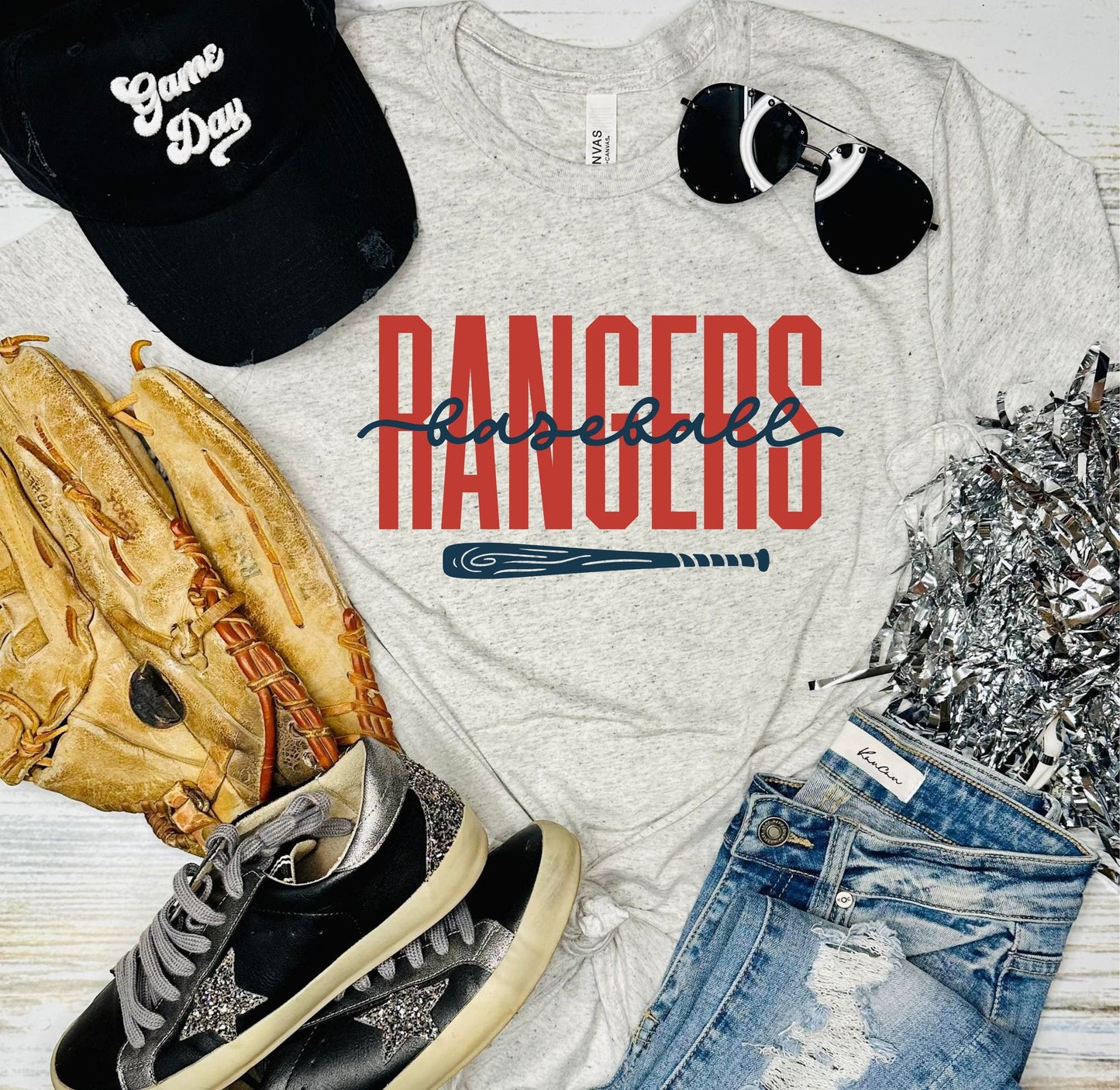 Rangers Baseball Bat Ash Grey Tee