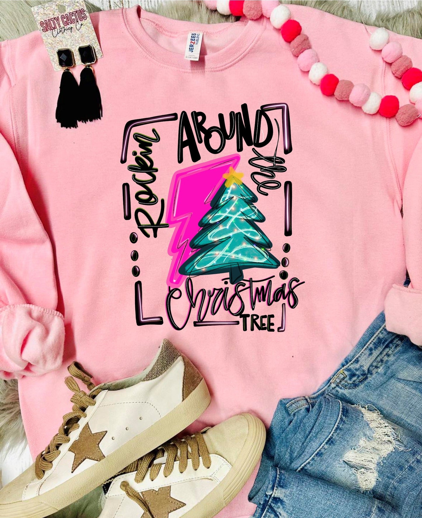 Rockin' Around the Christmas Tree Pink Baby Pink Sweatshirt