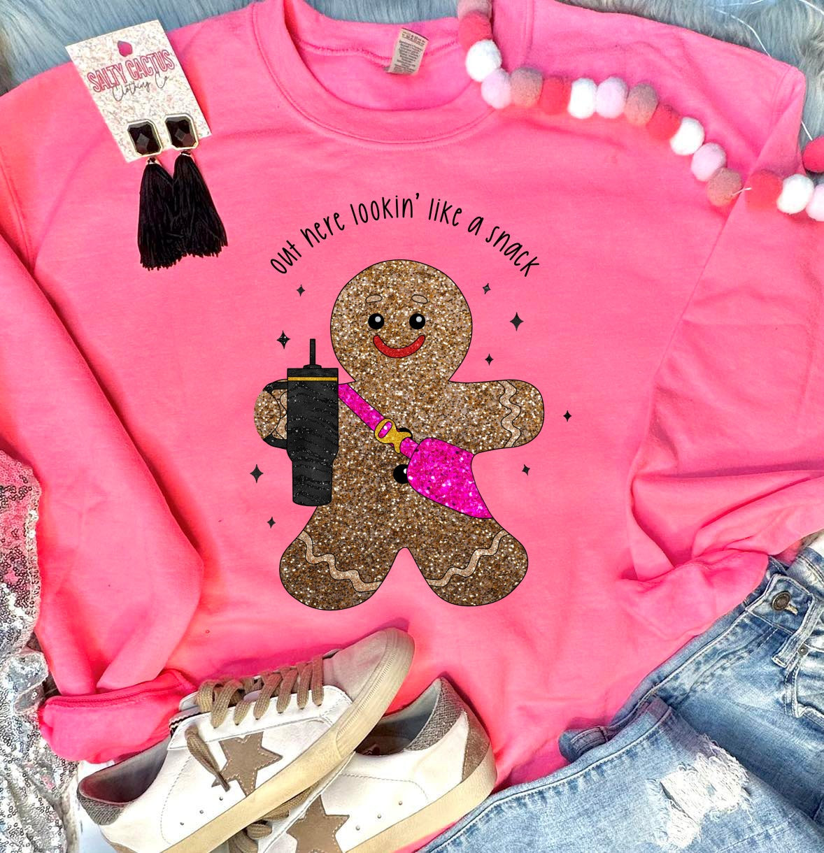 *DTG* Out Here Lookin' Like a Snack Gingerbread Neon Pink Sweatshirt