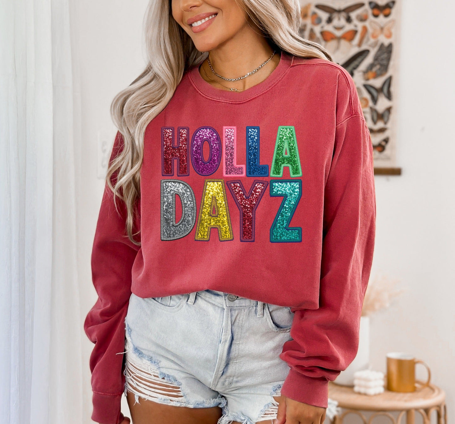 *DTG*Holla Days Sequins Crimson Comfort Colors Long Sleeve