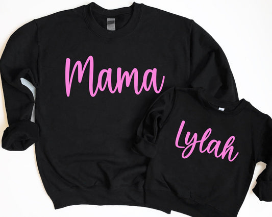 *DTG* Girl Mama and Girl Name in Pink Black Sweatshirt