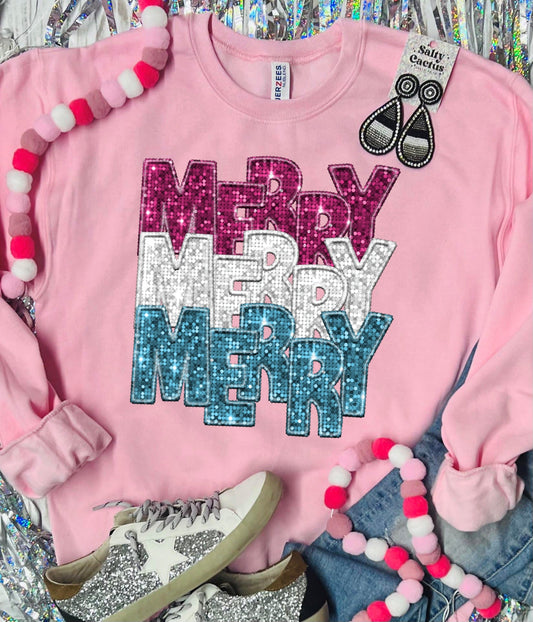 *DTG* Merry Merry Merry Sequin Baby Pink Sweatshirt