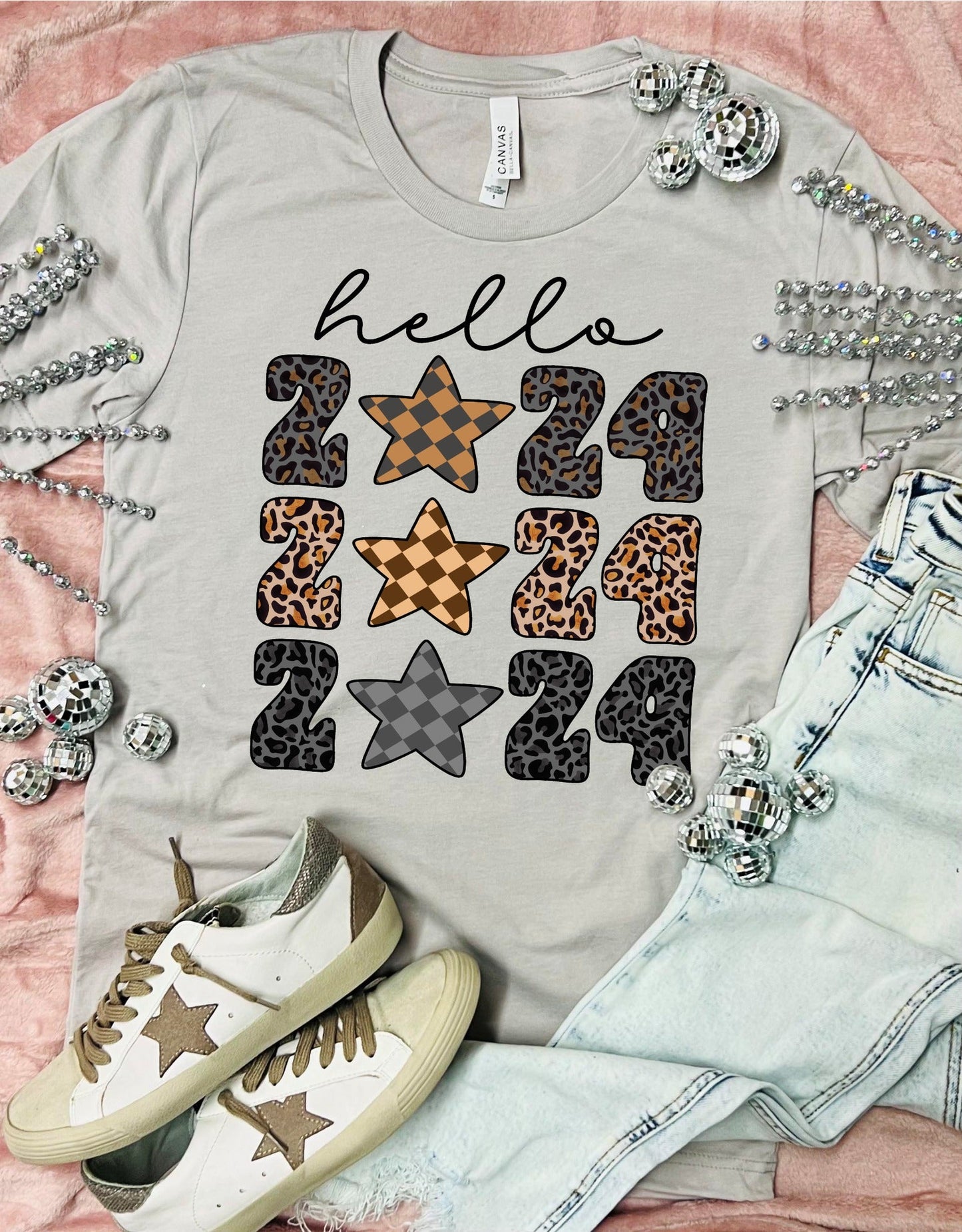 Hello 2024 Leopard Star Tan Tee