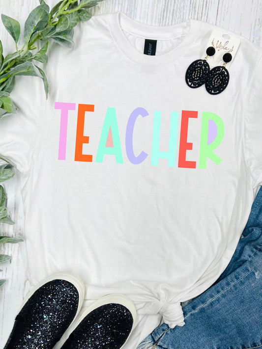 Teacher Neon Colorful White Tee