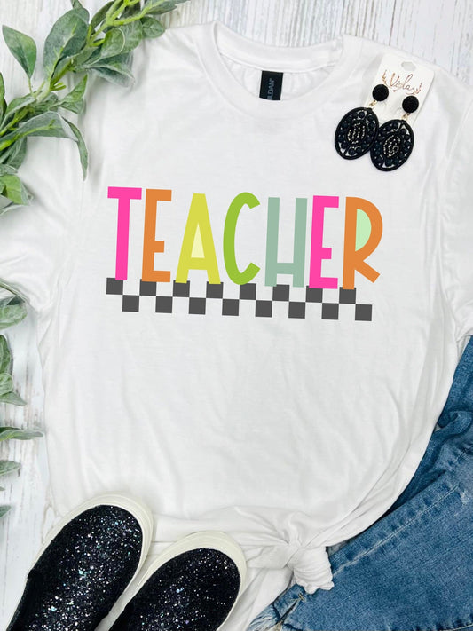 Teacher Colorful Checkered White Tee