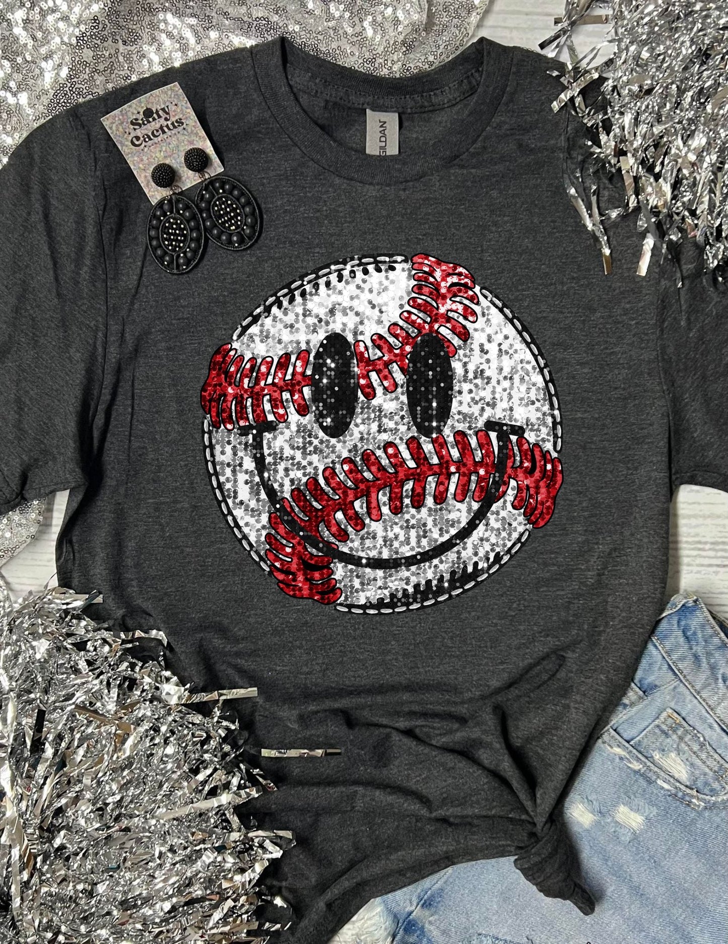 *DTF* Sparkley Baseball Smiley Dark Grey Tee