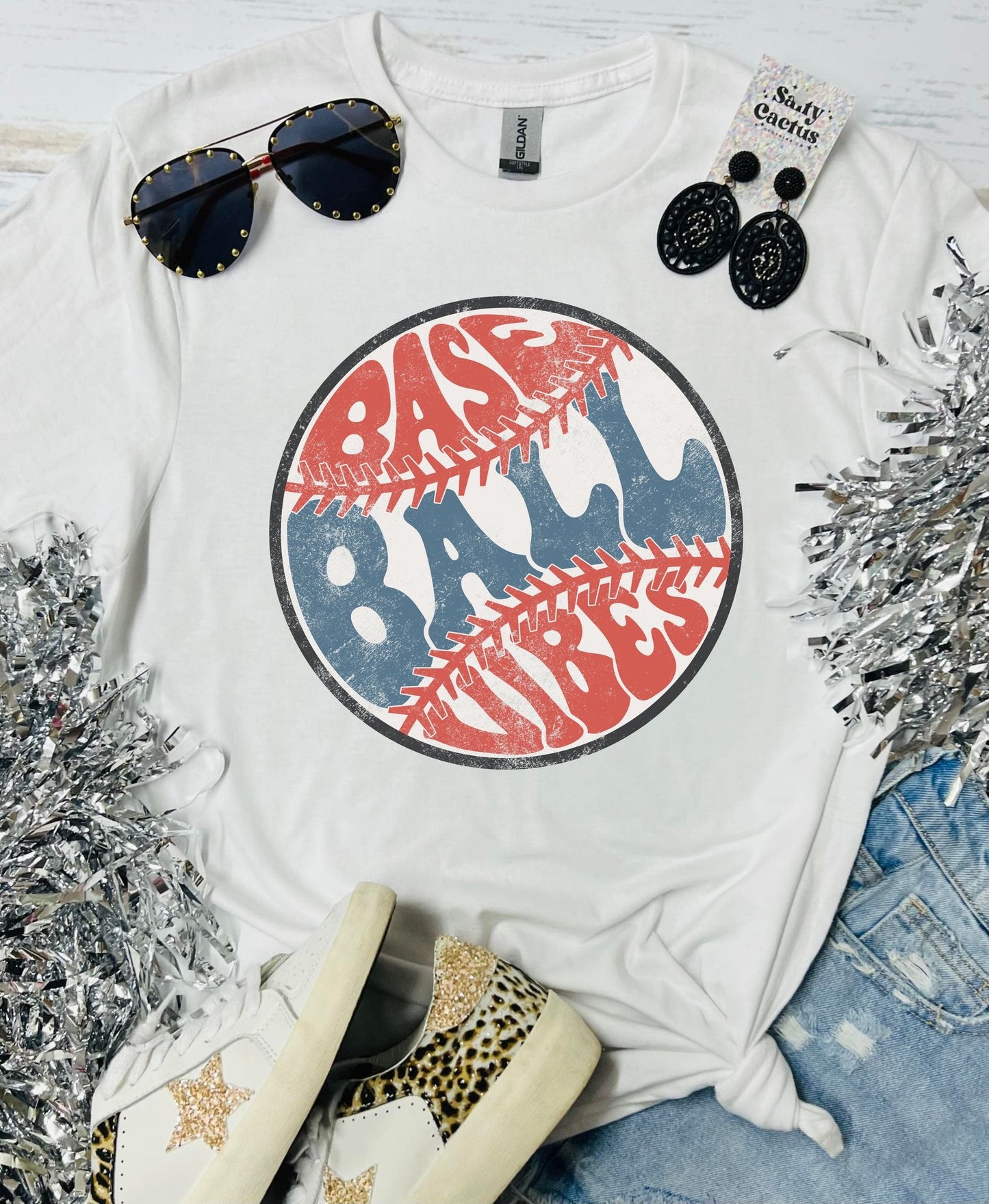 Baseball Vibes Groovy White Tee