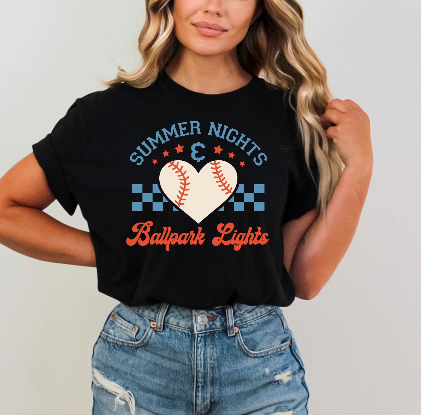 *DTF* Summer Nights And Ballpark Lights Heart Black Tee