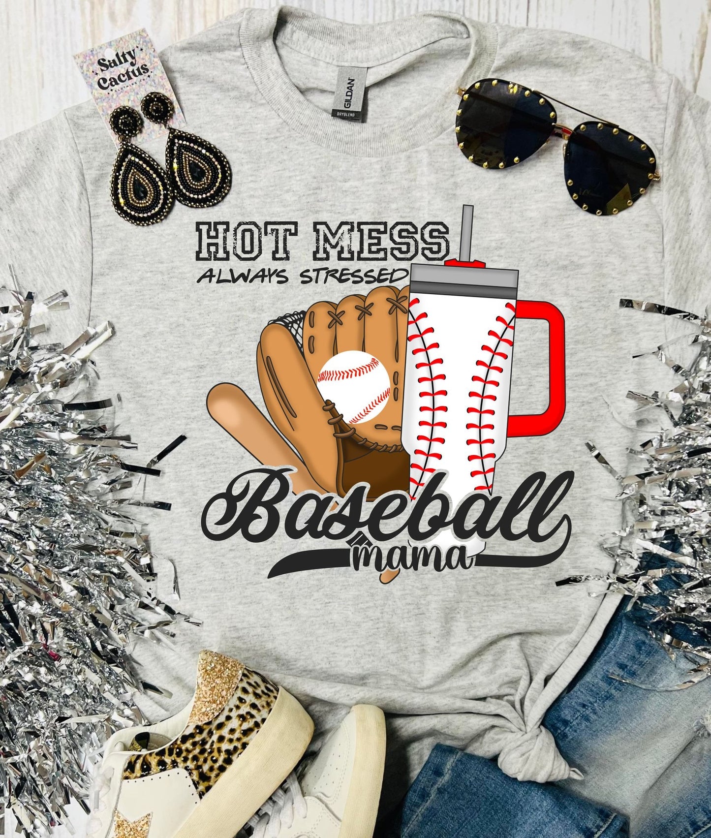 Hot Mess Always Stressed Baseball Mama Ash Grey Tee