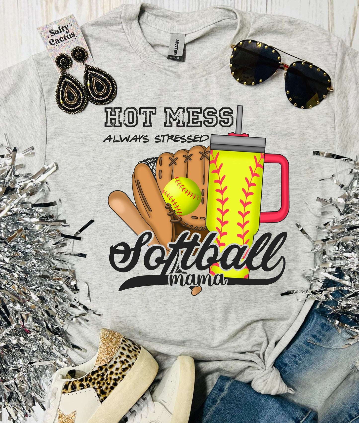 Hot Mess Always Stressed Softball Mama Ash Grey Tee