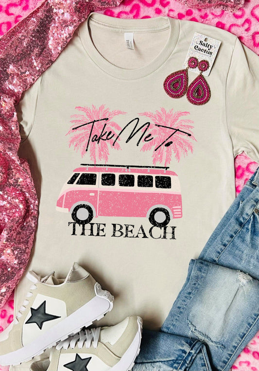 Take Me To The Beach Pink Van Tan Tee