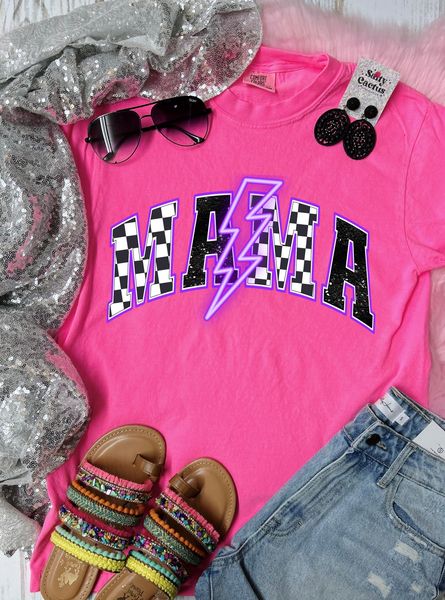 *DTF* Mama Checkered Glitter Bolt Purple Neon Pink Comfort Color Tee