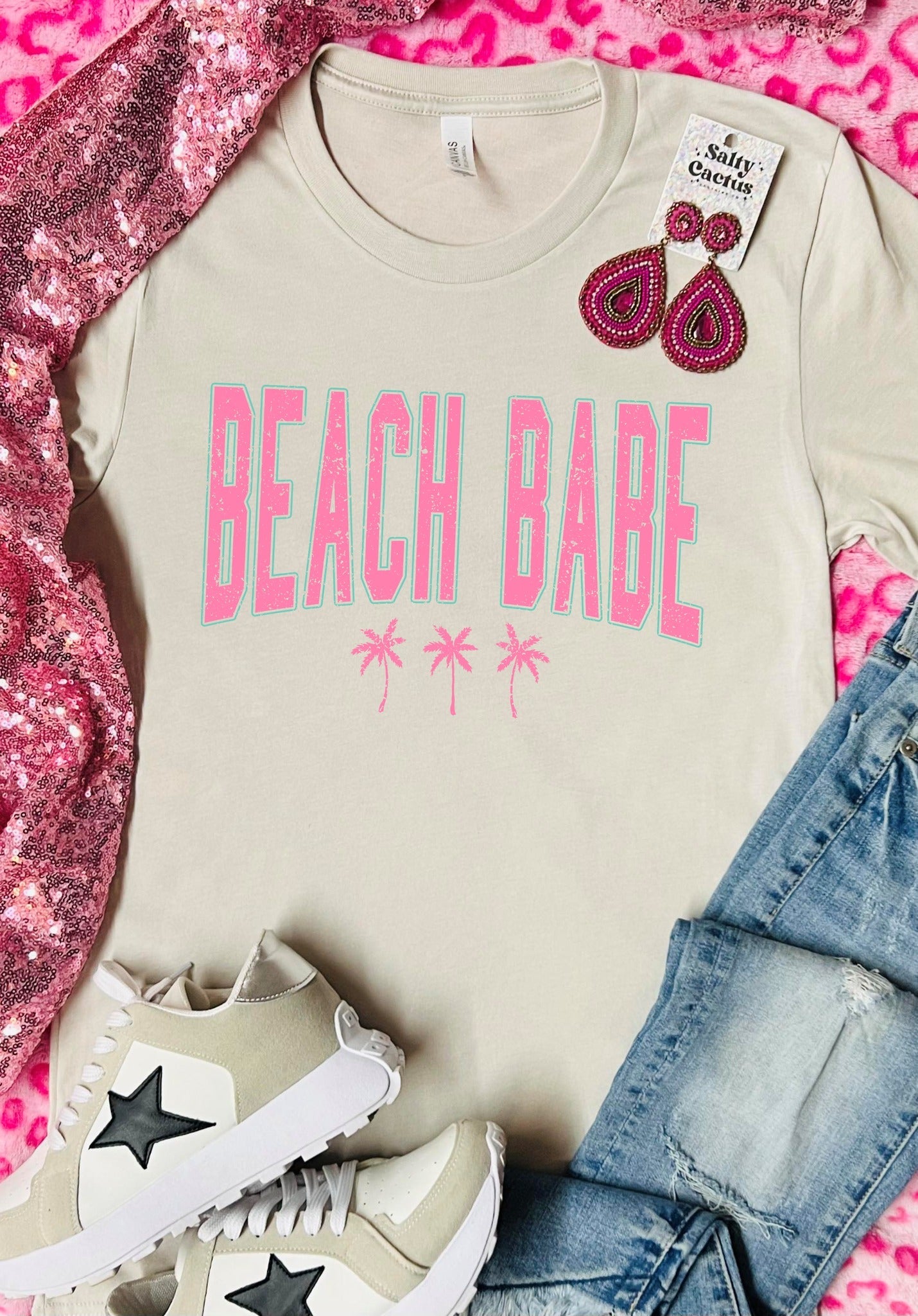 Beach Babe Pink Trees Tan Tee