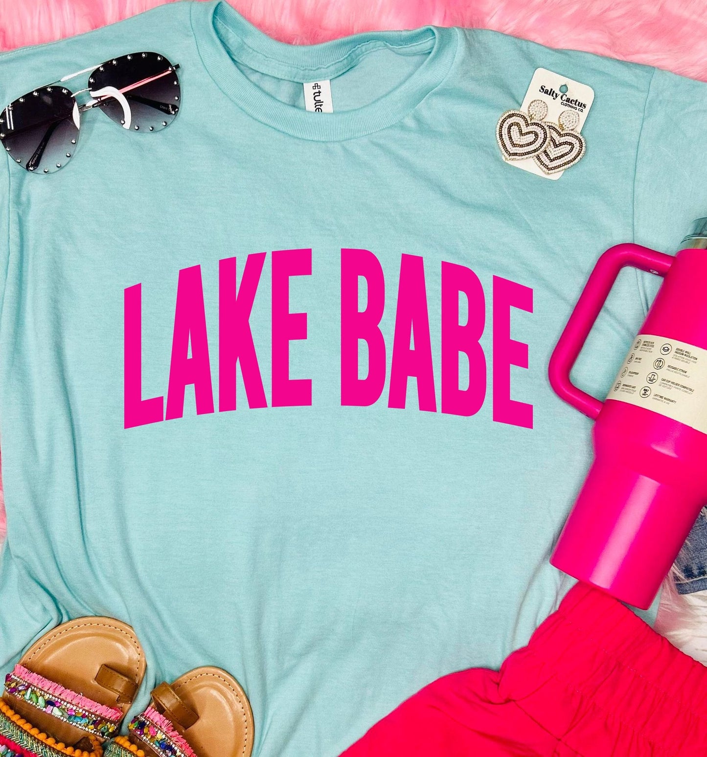 Lake Babe Pink Distressed Aqua Tee