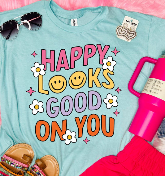 Happy Looks Good On You Retro Aqua Tultex Tee