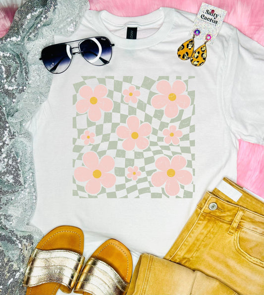 Checkered Flower White Tee