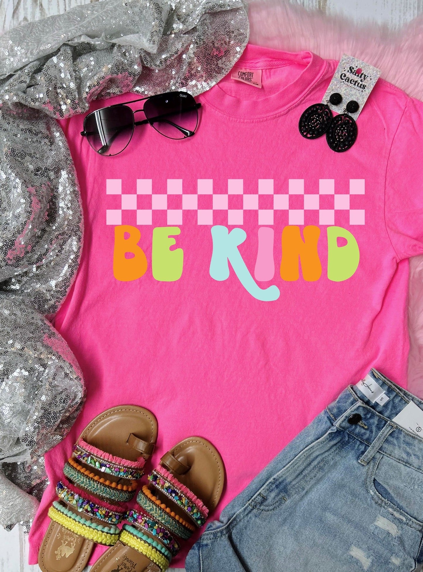 *DTF* Be Kind Checkered Retro Neon Pink Comfort Color Tee