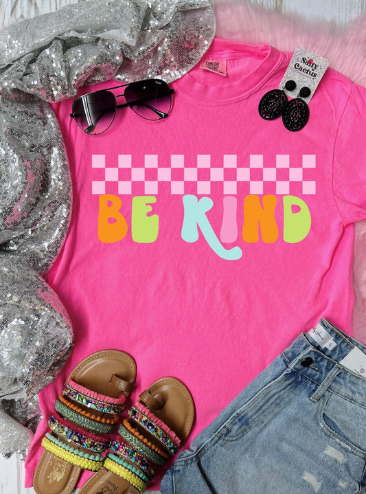 *DTF* Be Kind Checkered Retro Neon Pink Comfort Color Tee