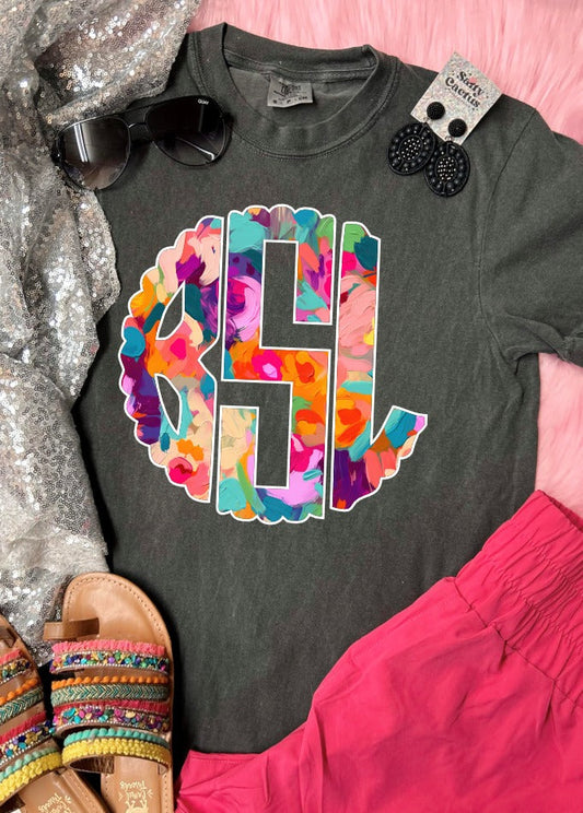 *DTF* Watercolor Monogram Big On Front Pepper Comfort Color Tee