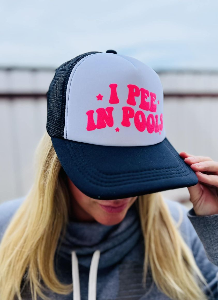 *TRUCKER HAT PUFF* Neon Pink I Pee In Pools on Black Hat