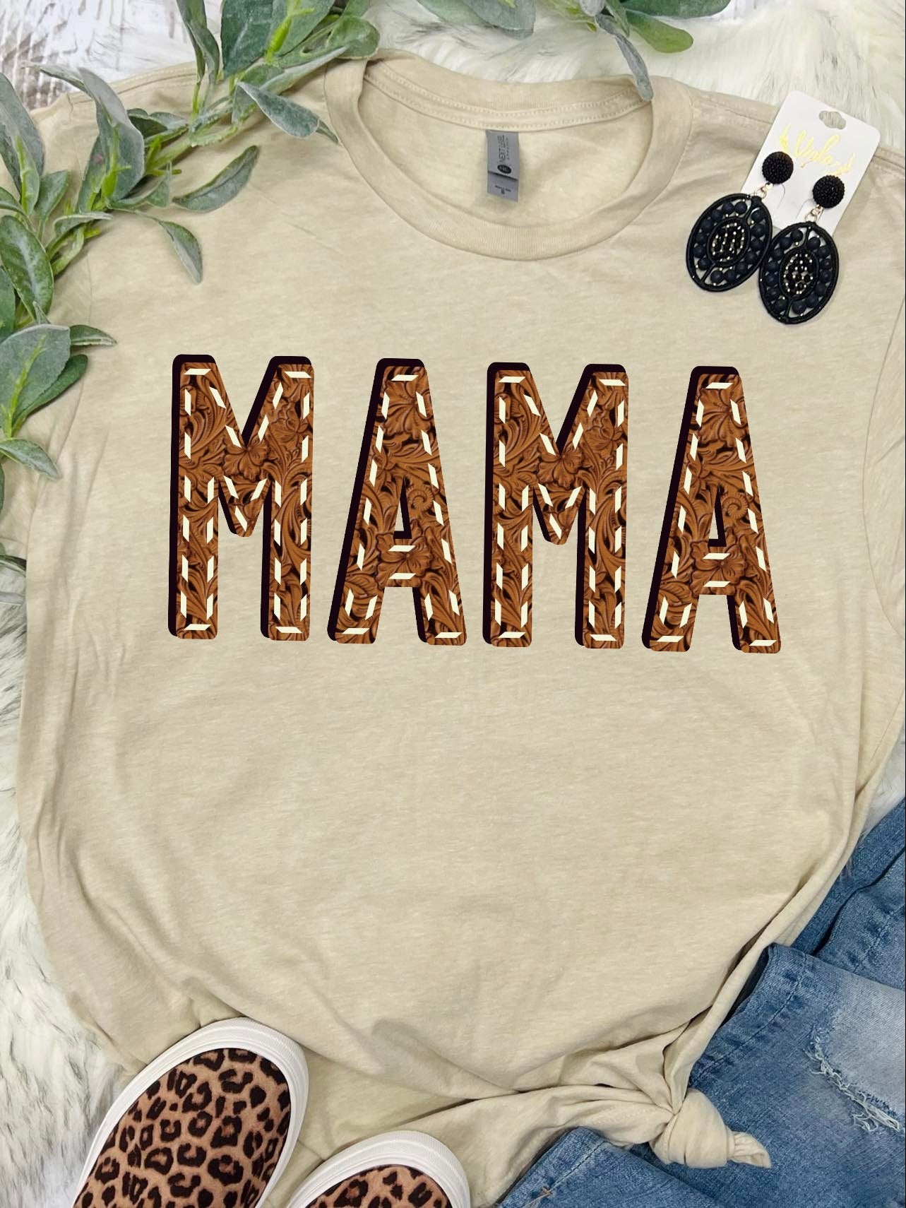 Mama Tooled Leather Tan Tee