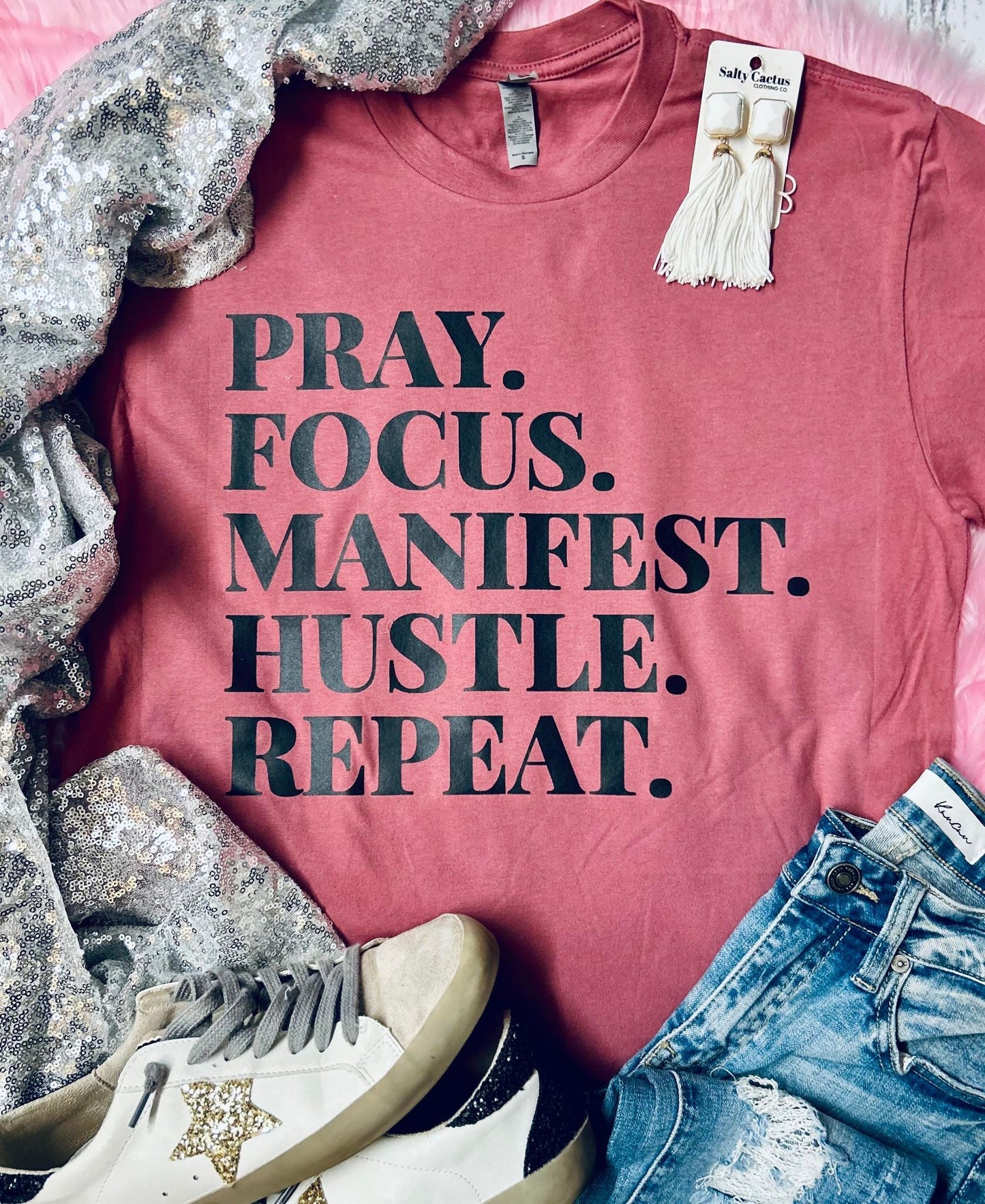 *SP* Pray Focus Manifest Hustle Repeat Mauve Tee