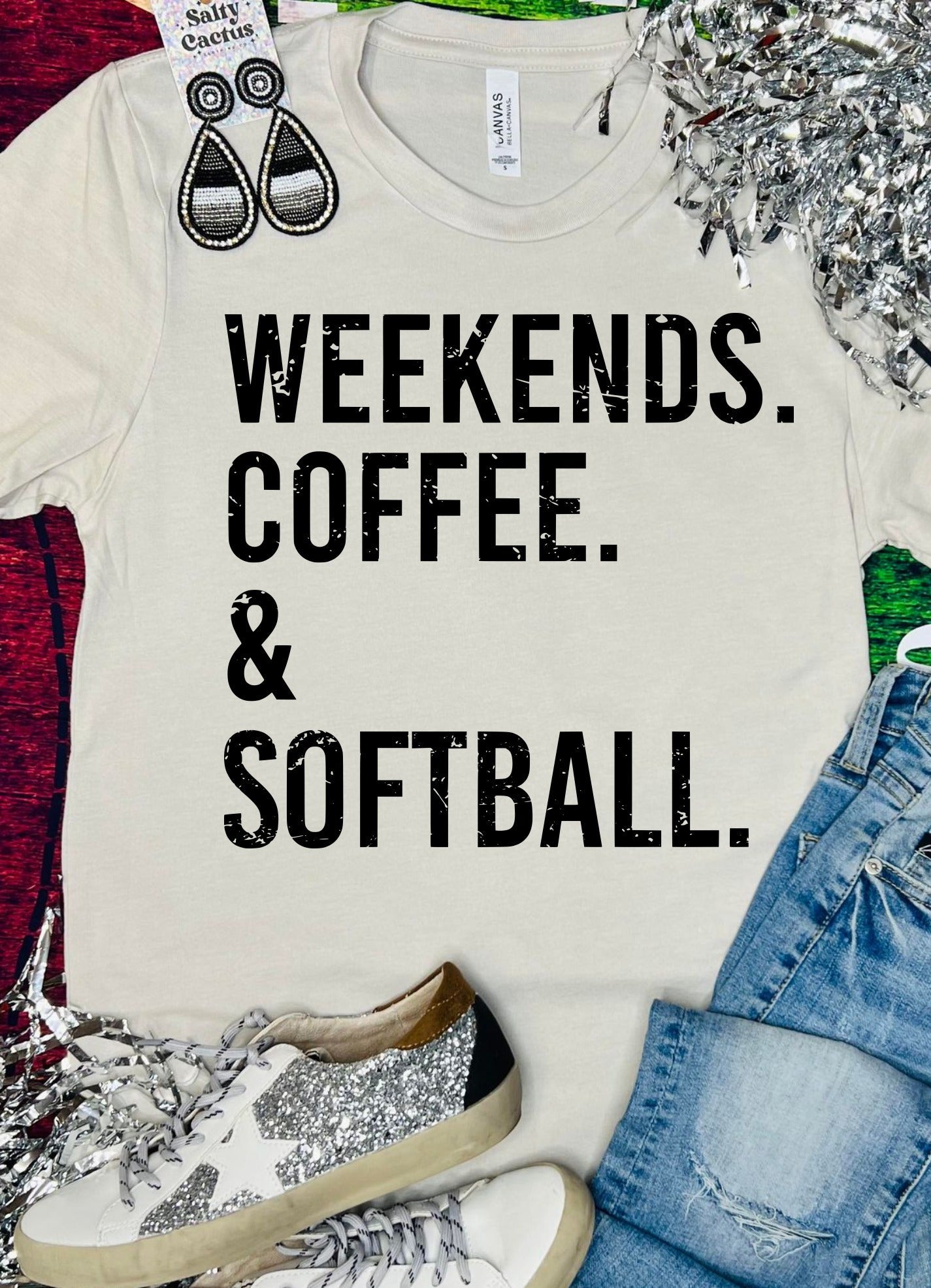 Weekends Coffee & Softball Tan Tee