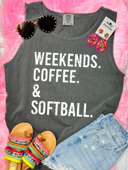 *DTF* Weekends Coffee and Softball Pepper Comfort Color Tank