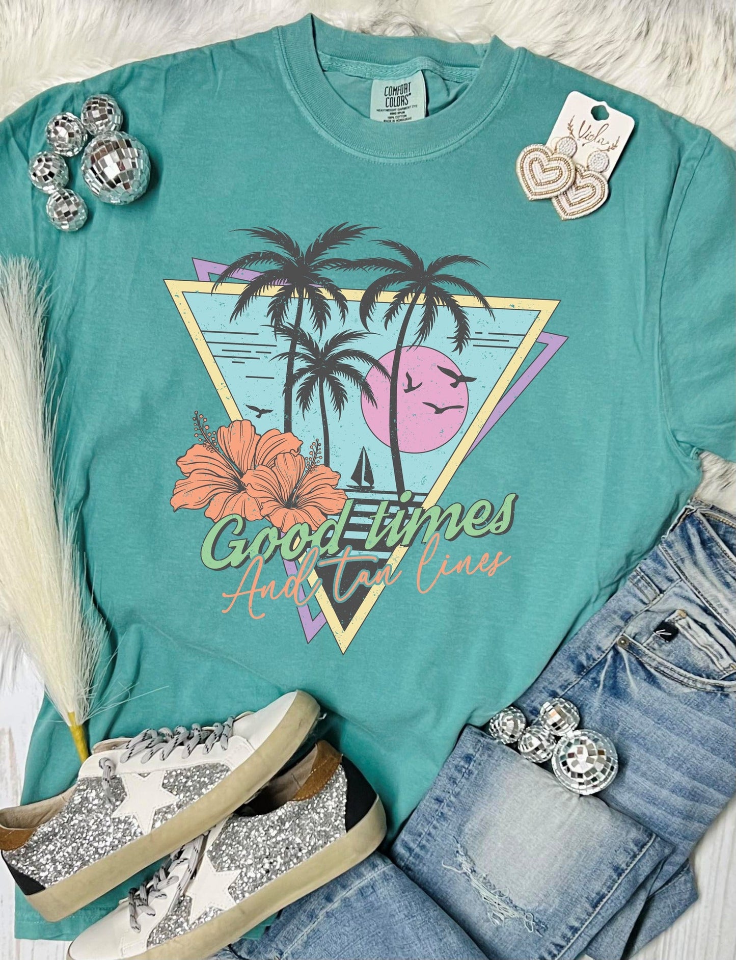 *DTF* Good Times and Tan Lines Triangle Vintage Seafoam Comfort Color