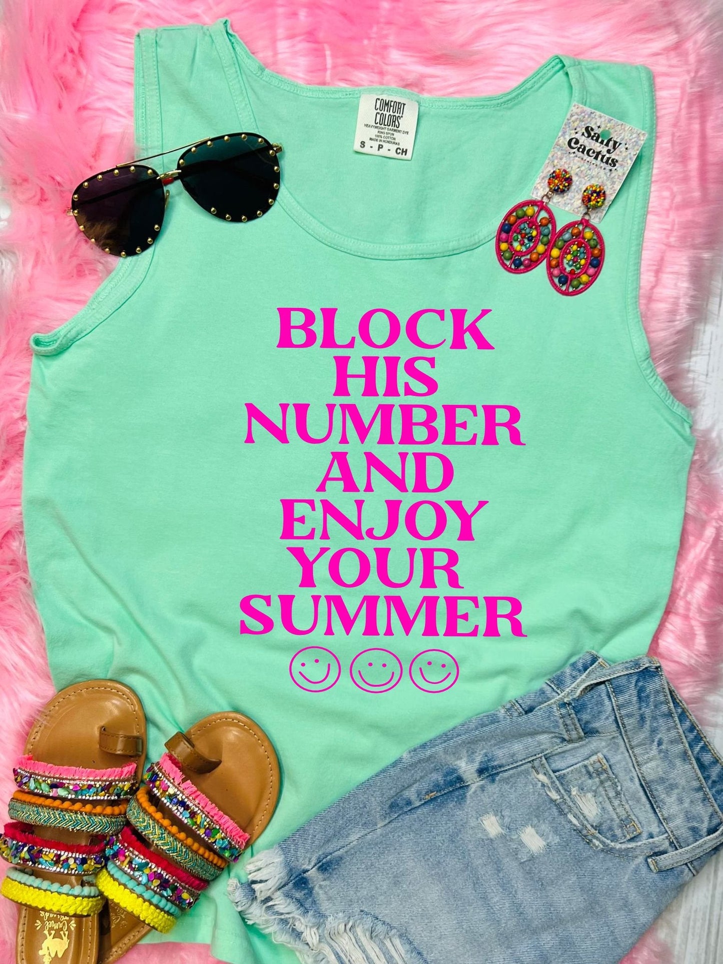 *DTF* Block His Number and Enjoy Your Summer Chalky Mint Comfort Color Tank