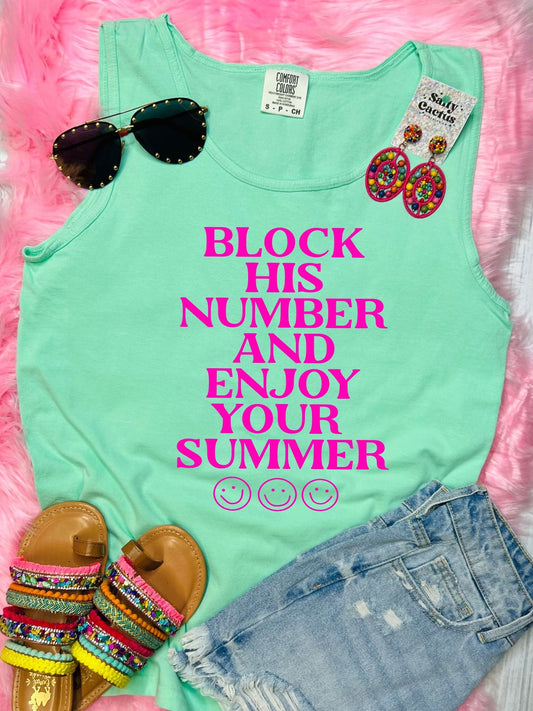 *DTF* Block His Number and Enjoy Your Summer Chalky Mint Comfort Color Tank