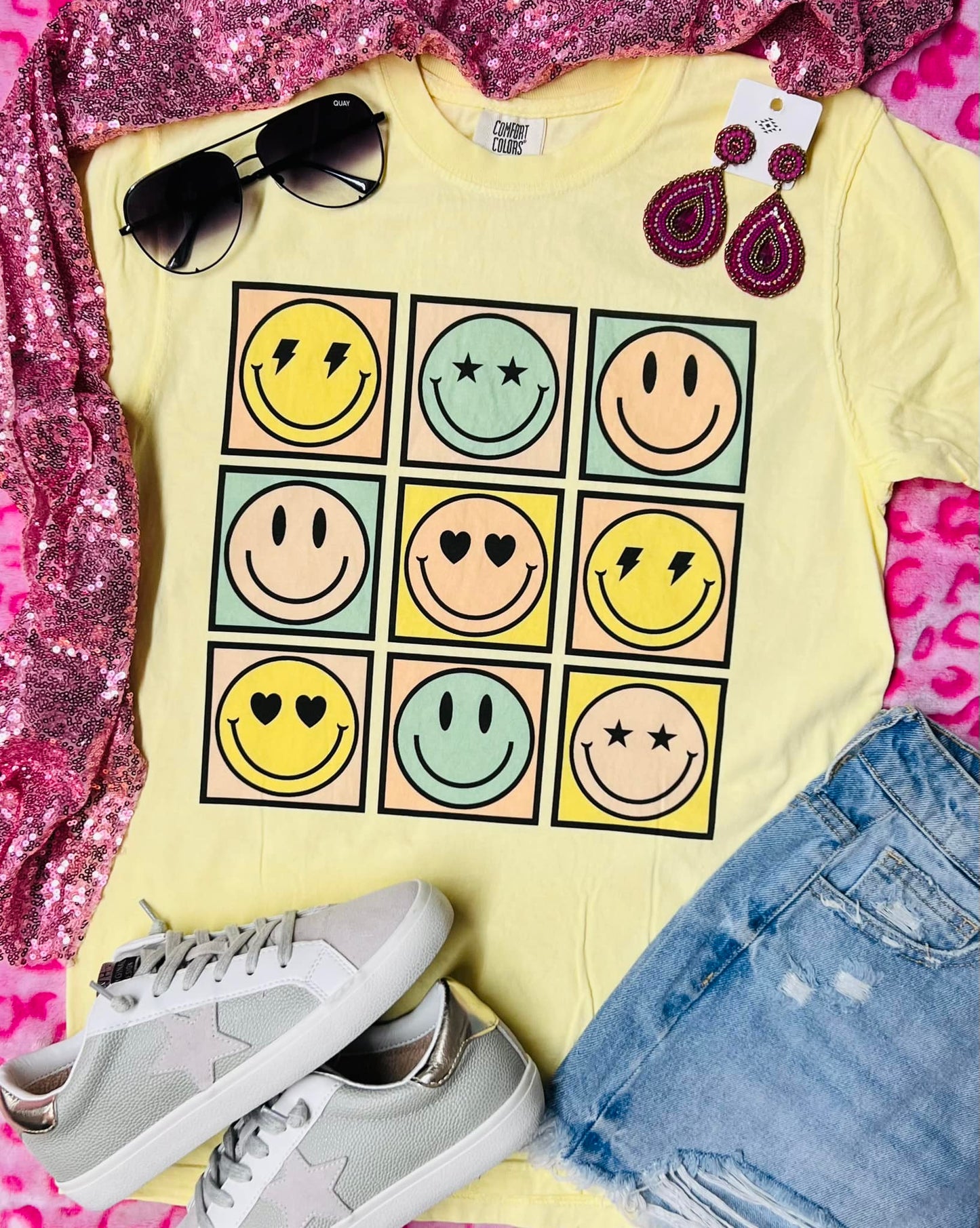 *DTG* Colorful Smiley Squares Butter Comfort Color Tee